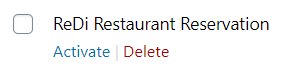 The image displays a WordPress plugin option for 'ReDi Restaurant Reservation' with buttons to 'Activate' or 'Delete' it.