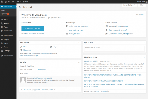 The image shows a screenshot of a WordPress dashboard with various sections like Welcome to WordPress, At a Glance, and Activity.