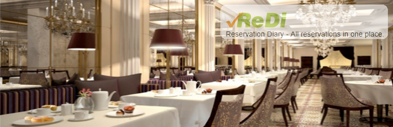 An image of an elegant dining area with tables set for service and an overlay mentioning 'ReDi Reservation Diary'.